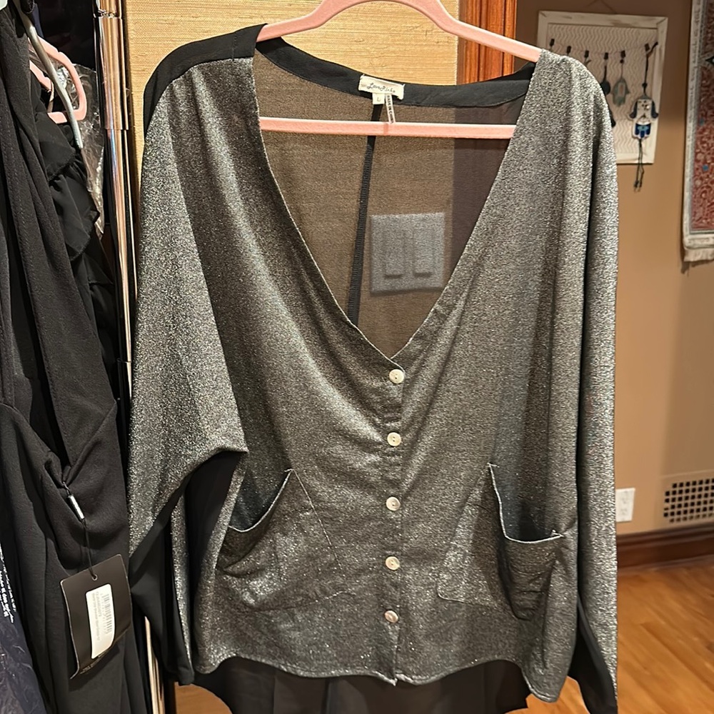 Love Riche cardigan blouse evening cover up black sheer silver shine oversized l